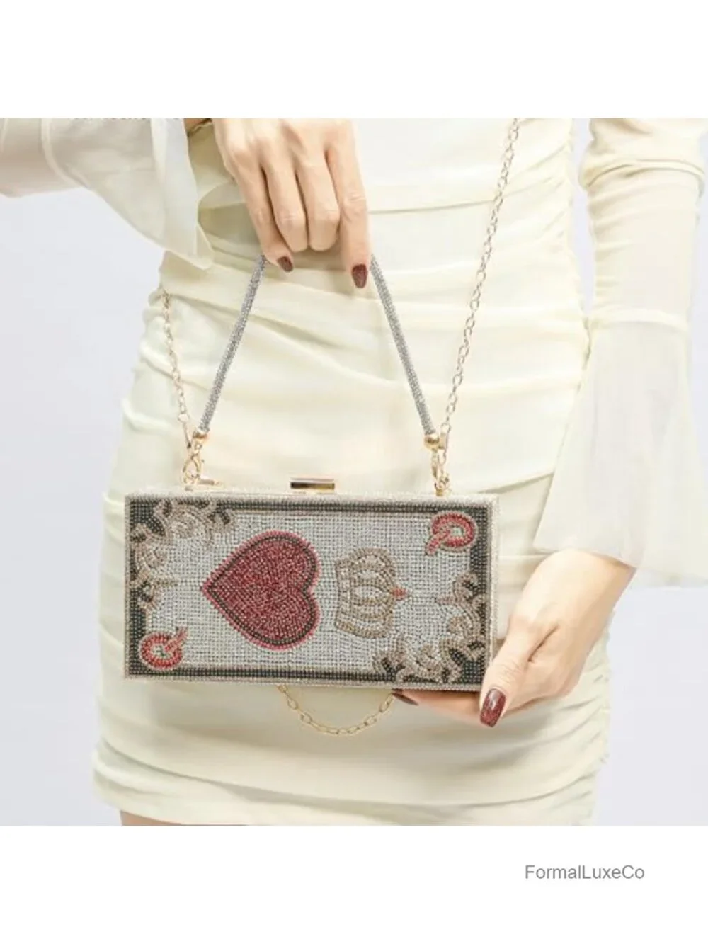 Diamond Crystal Minaudiere Clutch Bag with Chain Strap - Evening Handbag